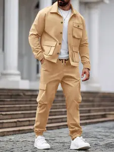 Men's Two-Piece Set, Solid Color Shirt and Pants, Button Design with Pockets, Casual Long Sleeve Collared Top and Pants, Spring & Fall