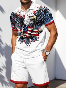 Independence Day Limited Edition American Eagle Flag Men's Short Sleeve Polo Set, Breathable Comfort Casual Vacation Wear, Slim-Fitting Suit