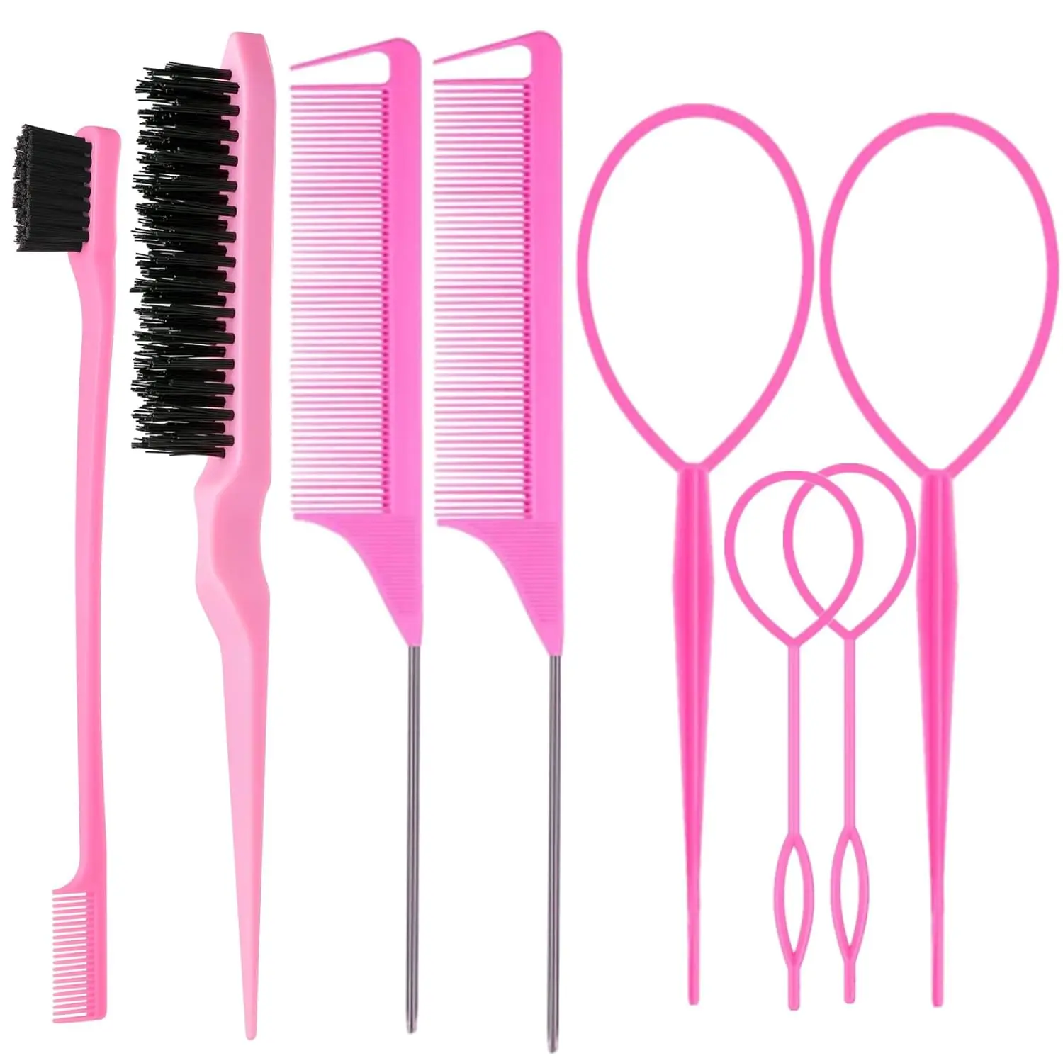 Women's Haircare Kit - 8pcs Hair Styling Tools: 4pcs Topsy Hair Tail Tools, 1pc Bristle Teasing Brush, 1pc Edge Control Brush, 2pcs Metal Pin Rat Tail Combs