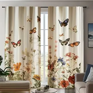 2-Piece Boho Butterfly Flower Curtains Set, Window Curtain, Suitable for Living Room, Dining Room, and Bedroom Decoration, Durable Polyester Semi-Transparent Curtains