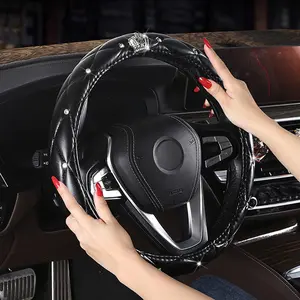 Car Steering Wheel Cover Universal Fit Crown Design with Rhinestones, Leather Grip Handle, Anti-Slip Fashionable Girl Style