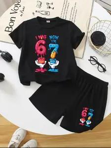 Boy's Summer Casual Outfit - The Playful "I Was 6 Now I'm 7 Donut" Print Short-Sleeved Shirt And Stylish Black Shorts. Children Love This Sweet Birthday Design So Much. Suitable For Giving As A Gift For Daily Wear. Summer Clothing Set