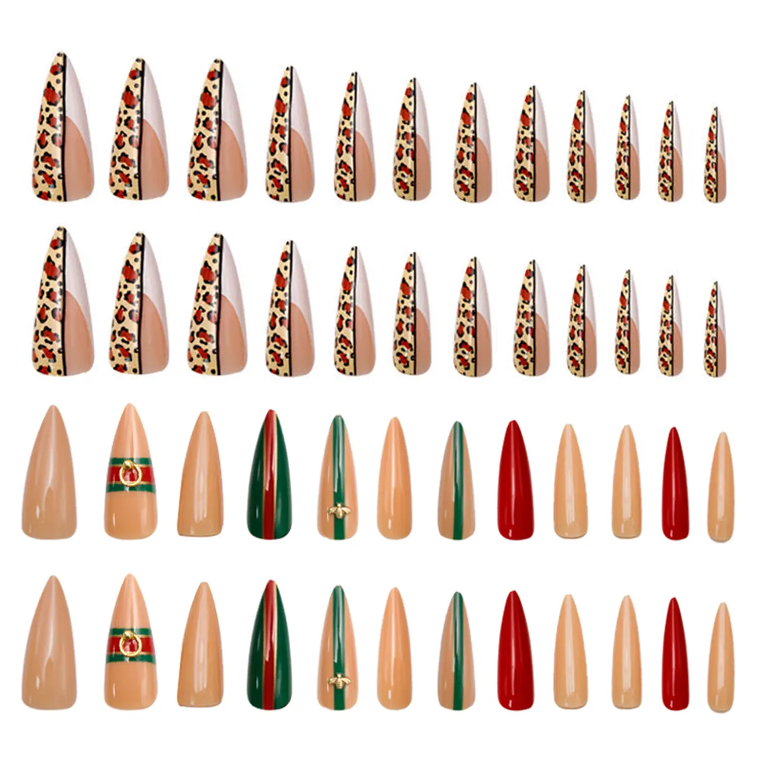 Allkem Bee stripe and Leopard stiletto Extra Long Stiletto Press on Nails Bundle | Glossy Extra Long Coffin| 10 sizes - 20 pcs Nail kit with Glue