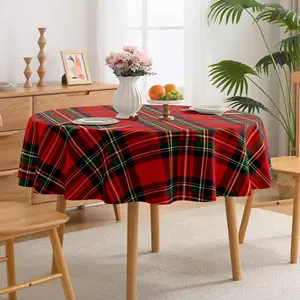 Plaid Pattern Printed Tablecloth, Holiday Party Decorative Round Picnic Camping Table Cover, Vintage Farmhouse Kitchen Accessory Gift