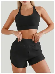 Women Black high-waisted beach shorts with tummy control & phone pocket. Breathable & sweat-wicking. Summer ready!