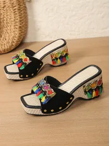 Women's Plus Size Thick Sole High Heel Sandals, Ethnic Style Fringe Wedge Slippers, Summer Fashion Comfortable Trendy Shoes