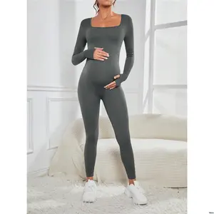 Jumpsuit Crew Color Solid Minimalist Maternity tiktok Ribbed Neck