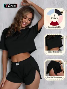 Women's Summer Pajama Set, Casual Round Neck Short Sleeve Top & Elastic Waist Shorts, Comfortable Home Wear, Two-Piece