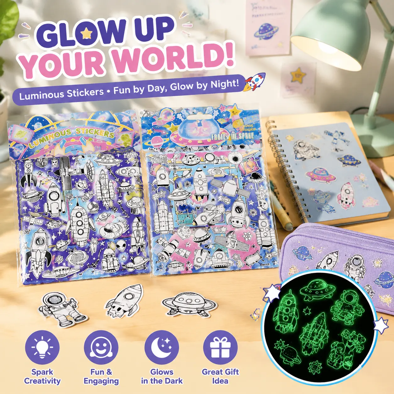 3D Foam Glow in Dark Space Stickers for Kids, Puffy Galaxy Sticker Set, DIY Craft Activity & Creative Play Toy Kids Puffy Foam Stickers, Space Theme DIY Craft Kit, Fun Screen-Free Activity for Boys & Girls  ：