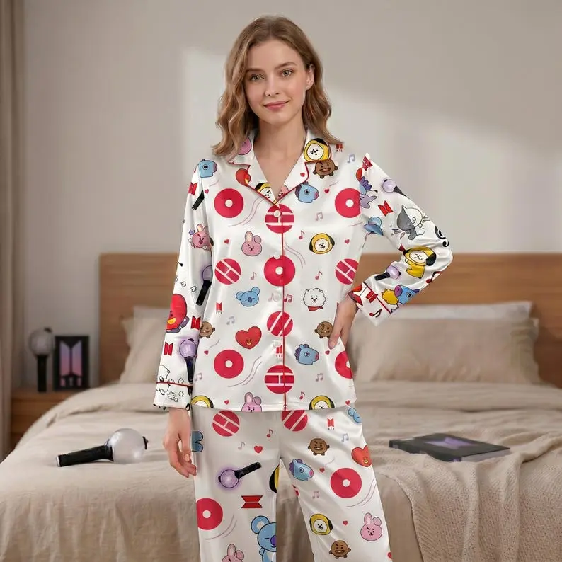Arirang Pajama Set, Cartoon Sleepwear, Kpop Long Sleeve & Shorts, Kpop Loungewear, Cute Nightwear Fan Merch
