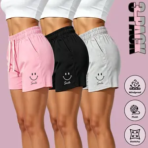 Casual Smile Print Drawstring Shorts for Women - Soft, Stretchy, Comfortable Lounge and Athletic Shorts with Pockets