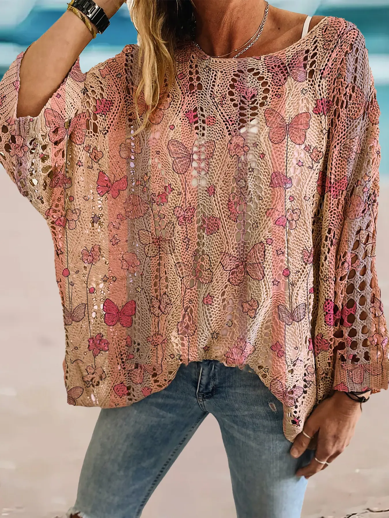 Spring and summer round neck diamond hollow batwing sleeve knitted cardigan, loose drop shoulder, figure-flattering with butterfly print, bikini cover-up, Swimwear Cover Up, versatile for commuting and vacation