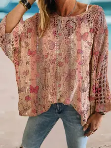Spring and summer round neck diamond hollow batwing sleeve knitted cardigan, loose drop shoulder, figure-flattering with butterfly print, bikini cover-up, Swimsuit Cover Ups, Beach Cover Ups, versatile for commuting and vacation.
