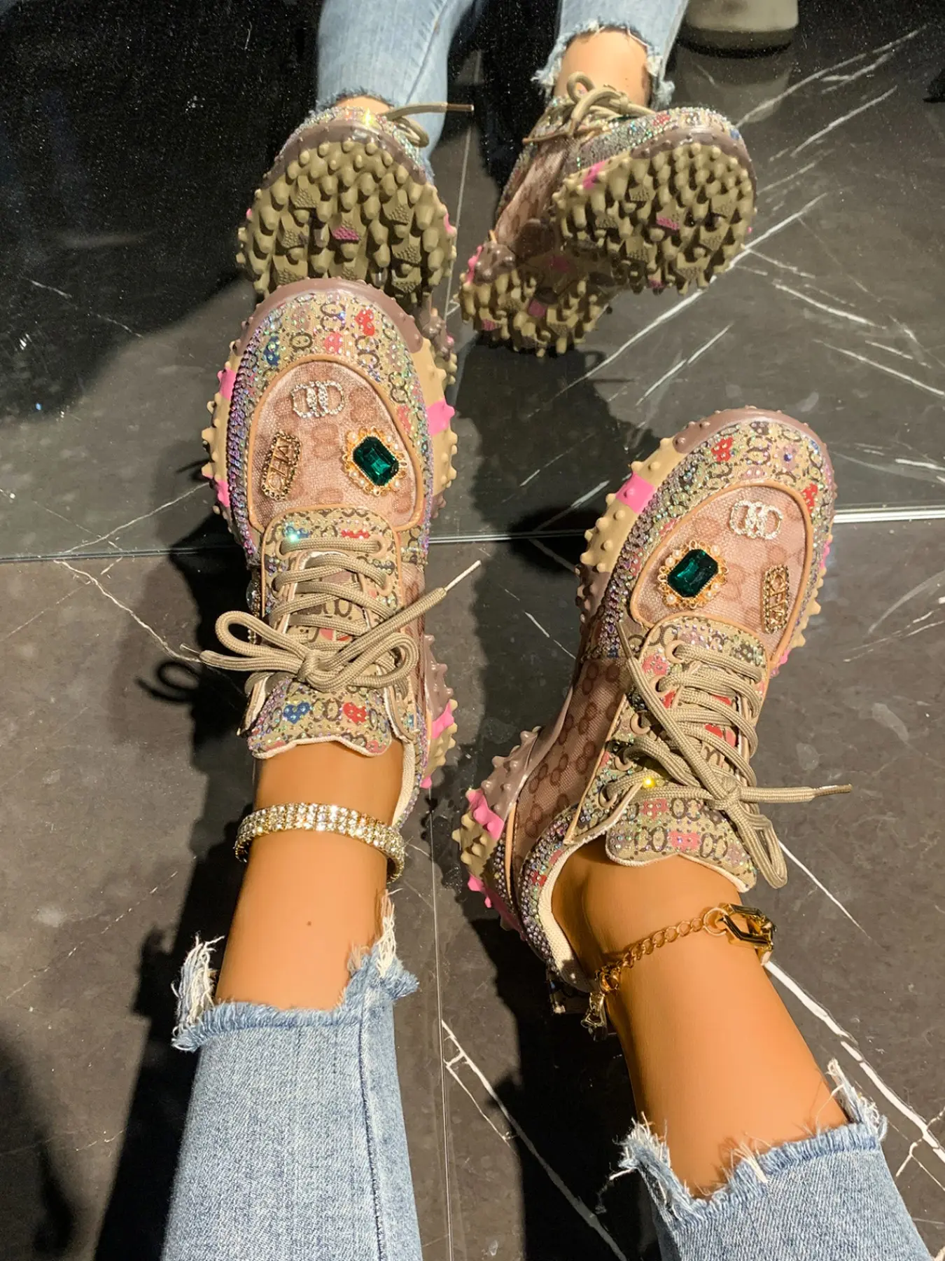 Women's Breathable Mesh Fabric Sneakers, Textile Sneakers, Low Top Sneakers, Thick Soled Sneakers, Spring Summer Casual Shoes, Thick Sole Retro Print Design, Comfortable Daily Wear Footwear