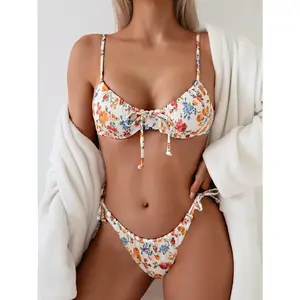 Women's Floral Print Split-Back Swimsuit with Steel Supports - High-Stretch Fabric, Ruffled Edges, Tropical Beach Design for Pool & Summer Vacations, High Waisted Swimsuit, Poolside Attire, Comfortable Fit Swimwear bikini hawaii shorts