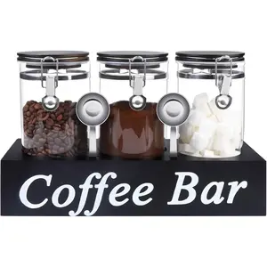 3 count Glass Coffee Containers with Shelf 54 oz Coffee Station Organizer Glass Bean Storage with Spoon Canister Set Jars with Airtight Locking Clamp for Bean Sugar Nuts