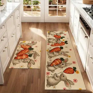 2Pcs Easter Bunny Carrot Watercolor Painting Floor mat set including farmhouse kitchen Rug dining room flooring laundry room decorative carpet mat