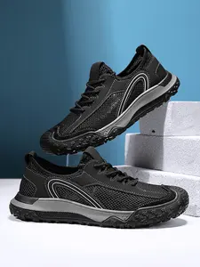 Men's Solid Color Mesh Breathable Outdoor Hiking Shoes Lace-up Anti-collision Toe Cap Trekking Shoes Non-slip Wear-resistant Casual Sports Shoes