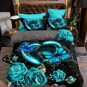 Blue Dream Butterfly Rose Print Bedding Set, Soft Breathable Polyester Fabric, All Seasons, 1 Fitted Sheet + 2 Pillowcases