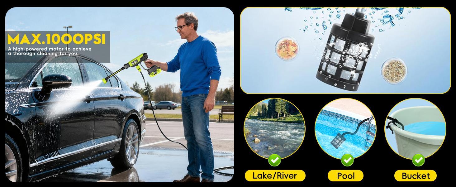 SEESE 21V Cordless Car Washing Bundle with 1000 PSI Pressure Washer & 1000G Turbo Leaf Blower Combo Kit for Car Wash + Drying, Patio & Garden Cleaning SEESE 21V Cordless Car Washing Bundle with 1000 PSI Pressure Washer & 1000G Turbo Leaf Blower Combo Kit for Car Wash + Drying, Patio & Garden Cleaning