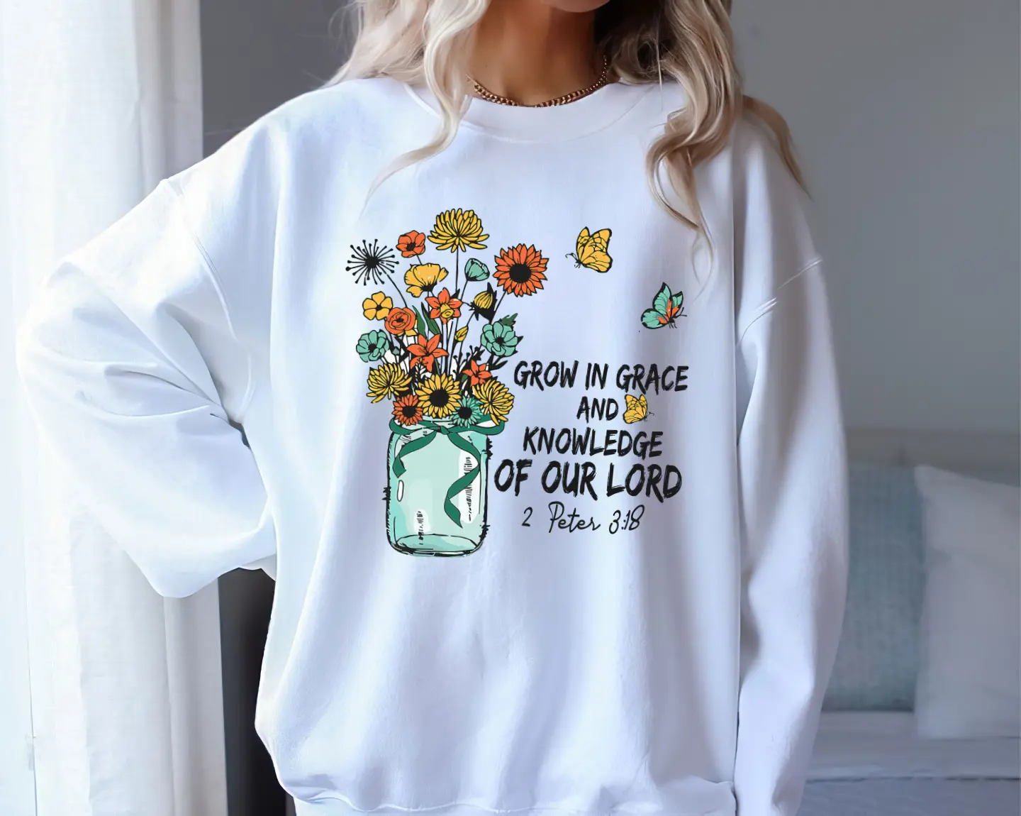 Grow In Grace Wildflower Boho Christian Scripture Religious Sweater, Christian Religious Bible Verse Sweater, Wildflowers Bible Verse, Grow In Faith, Love God, Love People, And Make A Difference For The Kingdom