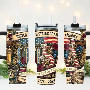 USA 1776-2026 Floral Tumbler 40oz  - Vintage Liberty Eagle Travel Mug - Patriotic Anniversary 40oz Tumbler 2026 Gift