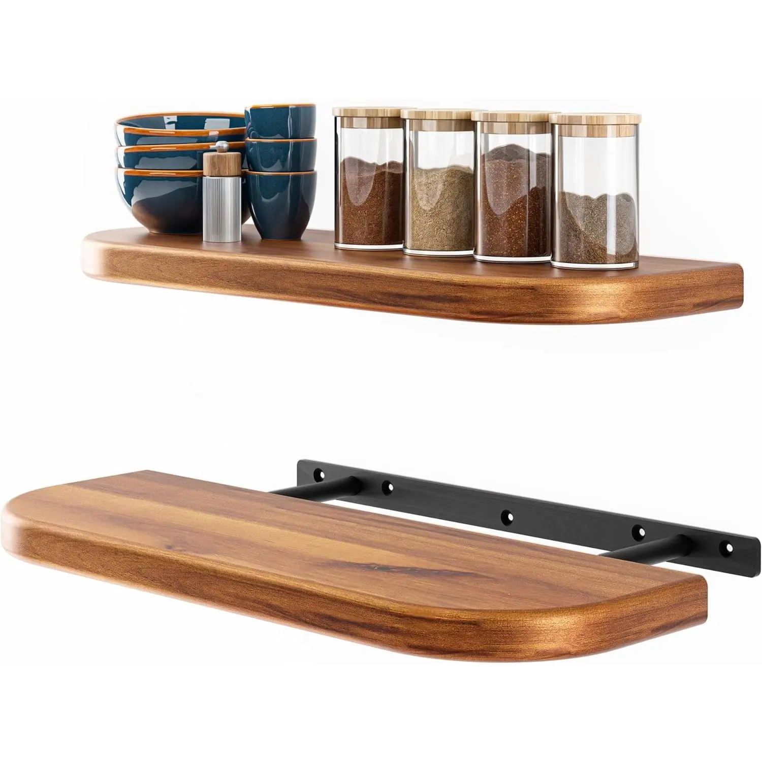 17" Acacia Wooden Floating Shelves with Round Edges - Wall-Mounted Rustic Farmhouse Wall Storage, Includes Brackets & Shelving Hardware for Bedroom, Kitchen
