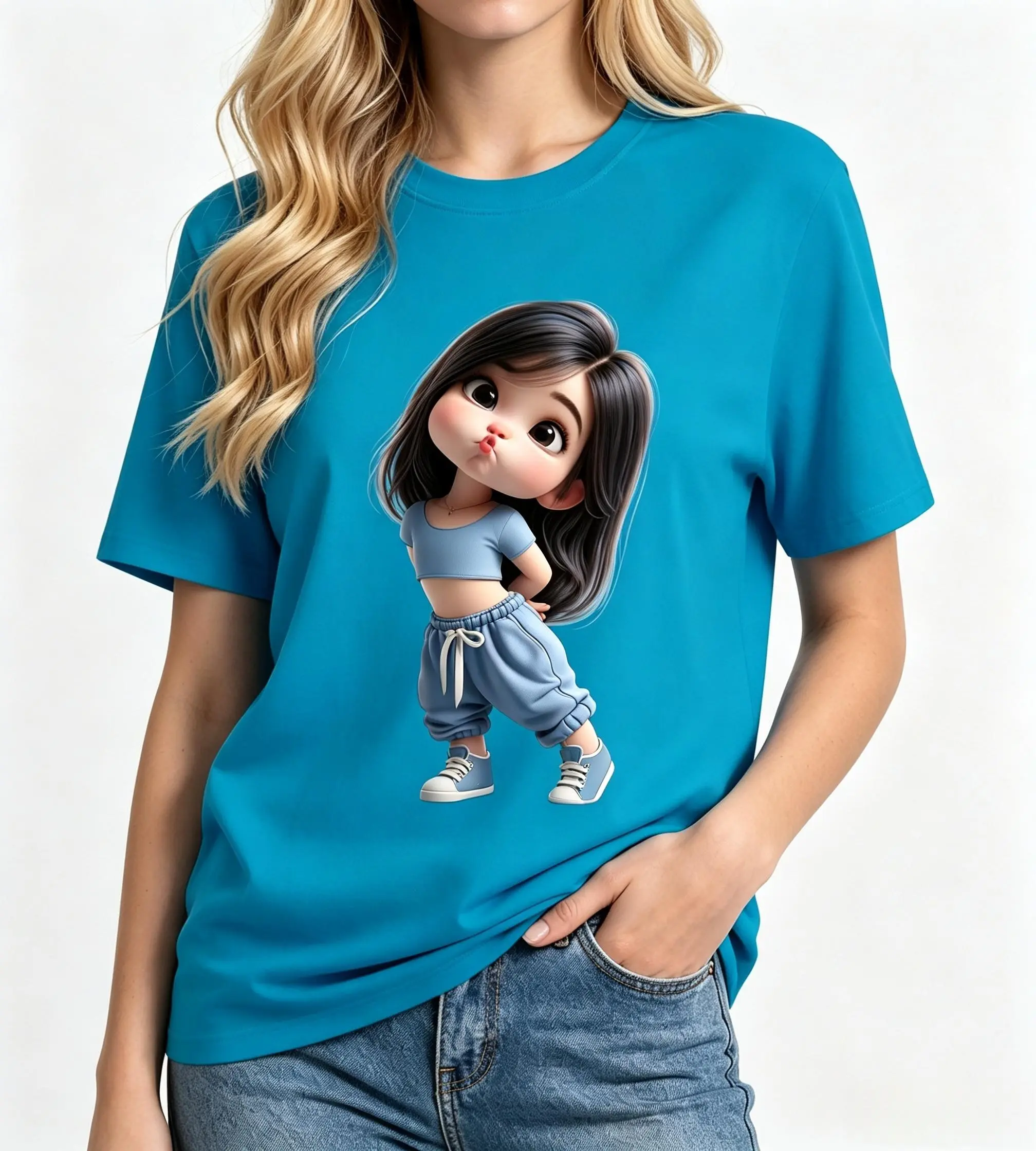 Women's Fitted Cotton Short-Sleeve Crew Neck Streetwear Blue Tee  for Valentine's Day Daily Wear