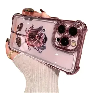 Pink Rose Electroplated Pattern TPU Smartphone Casing - Drop-Proof, Non-Slip Cellphone Accessory, Compatible with iPhone 17 Air,16 Pro Max,15 Plus,14,13,12,11 & Samsung Galaxy S25 Ultra,S24,S23 FE,S22, Handheld Gift Option QXA827, Accessories, Protective