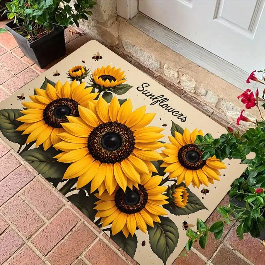 1pc Sunflower-Themed Soft Polyester Flannel Welcome Mat, Bees & Green Leaf Designs, Ideal for Indoor-Outdoor Entryway Home Decor (Home & Bathroom Supplies), One Piece
