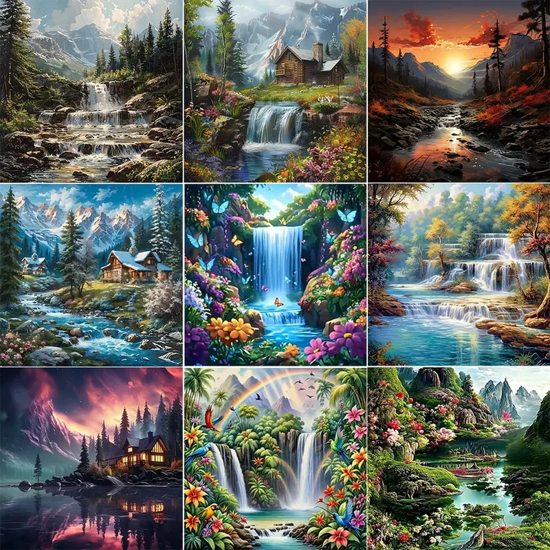 9pcs Landscape Diamond Painting Kit, Adult Art Craft Set, Frameless DIY 5D Diamond Art, Full Drill Round Diamonds, Home Wall Decor, Diy Kits