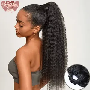Frodio 100% Human Hair  Natural Black Boho curl Ponytail Hairstyle Extension Ponytail Wig Scrunchie Ponytail