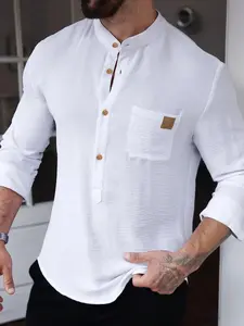 Men's  Solid Color Patched Button Front Long Sleeve Henley Shirt, Regular Fit Casual Comfy Chest Pocket Design Mock Neck  Top for Summer, Fashion Men's Clothes for Daily Wear, Casual Stylish Menswear