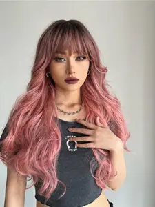28 Inch Ombre Dark Root Wavy Copper Color Synthetic Material Wigs with Bangs, Natural Look Stylish Wig for Daily Wear & Special Occasions for Women