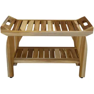 HomeRoots  Rectangular Teak Shower Bench with Handles in Natural Finish