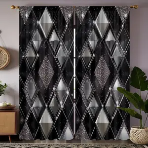 2pc black and silver glitter diamond print privacy grommet curtains, with a rhombus pattern design, a perfect gift for friends, suitable for home decoration in dormitories, bedrooms, living rooms, kitchens, etc