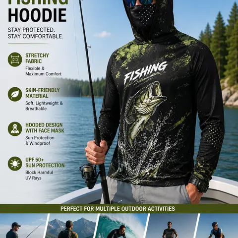 Men's UPF 50+ Sun Protection Fishing Top, Hooded Long Sleeve Quick-Dry Breathable T-Shirt, All-Over Print, Sporty Style, Loose-Fit, Outdoor Sports Top, Outdoor Fishing Clothing, Quick Drying Tops