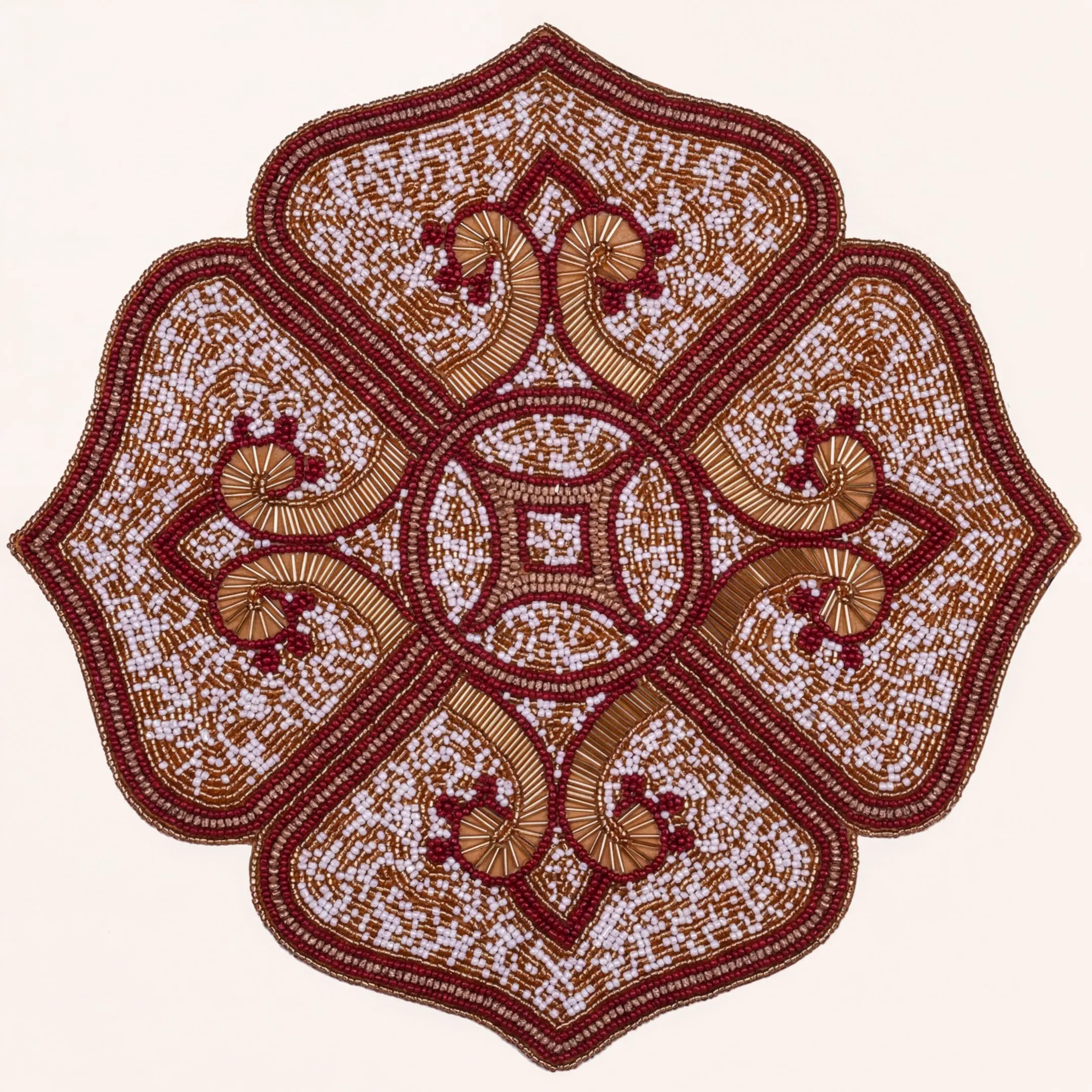 Beaded Placemats – Handmade Gold Red White Table Decor Mats, 15 Inch Satin Backing