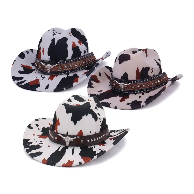 Women\'s Cow Print Cowboy Hat Felt Wide Brim Western Sun Festival Accessory cow pattern western cowboy hat for women man felt roll-up  main image 4