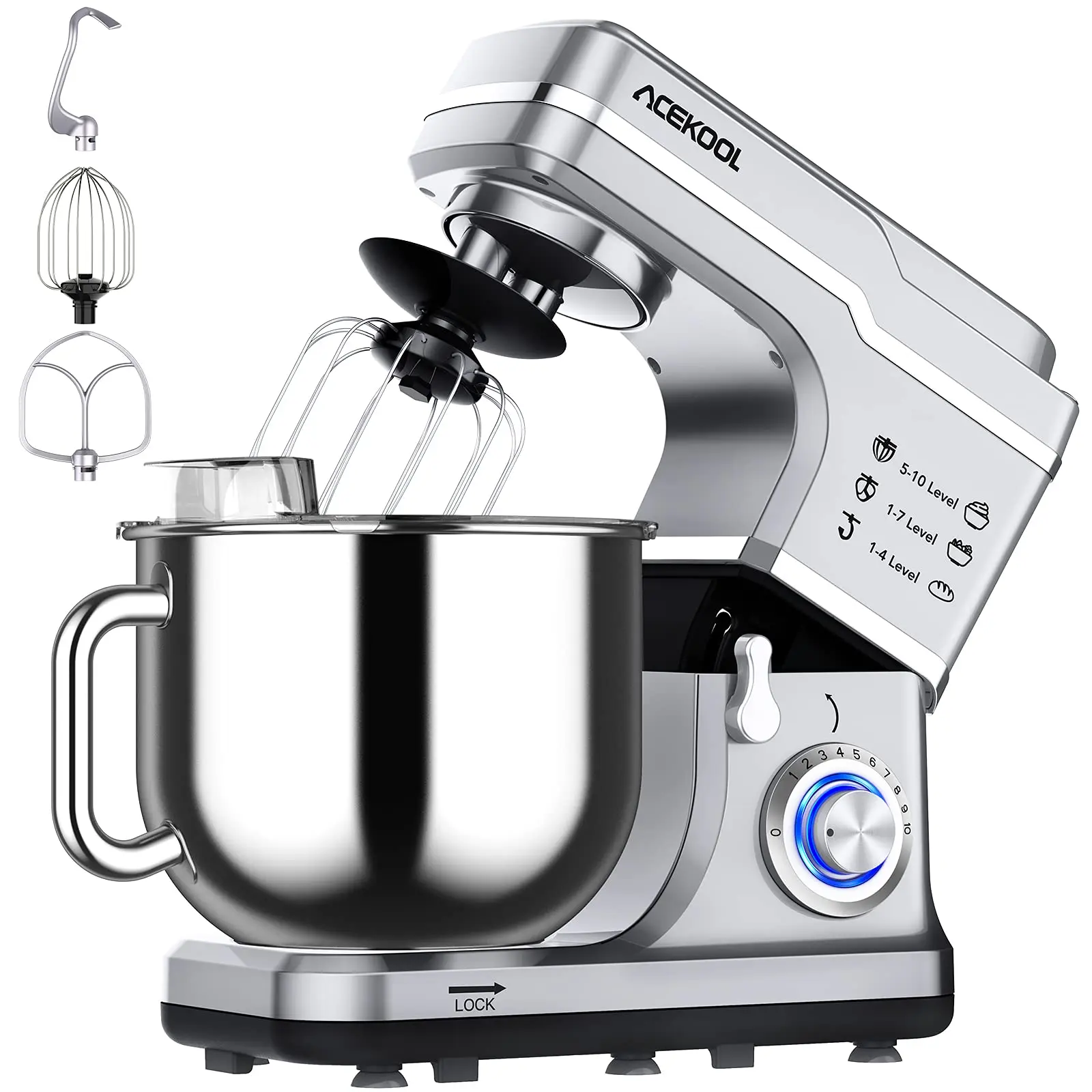 Silver 7 Quart Stand Mixer, Stable Design, 660W Tilt-Head Stand Mixer with 10-Speed Stepless Control for Bread, Pizza, Cake and Cookie Dough, Large Stainless Steel Bowl