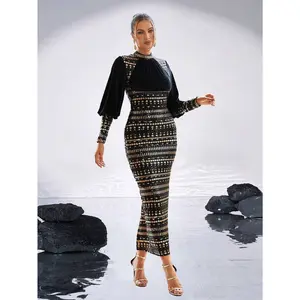 Missord Women's Sequin-Embellished Solid Color Patchwork Crew Neck Long Sleeve Prom Dress,XJ1779 Formal Womenswear