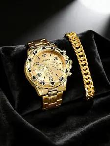 Men's Luxury Gold Alloy Steel Quartz Watch Set, Fashionable Wristwatch, Classic Three-Eye Round Dial, Fashion Business Style, Perfect Gift for All Occasions