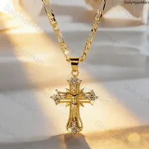 14K Gold-Plated Jesus Cross Pendant Necklace, Religious Jewelry for Graduation Gifts