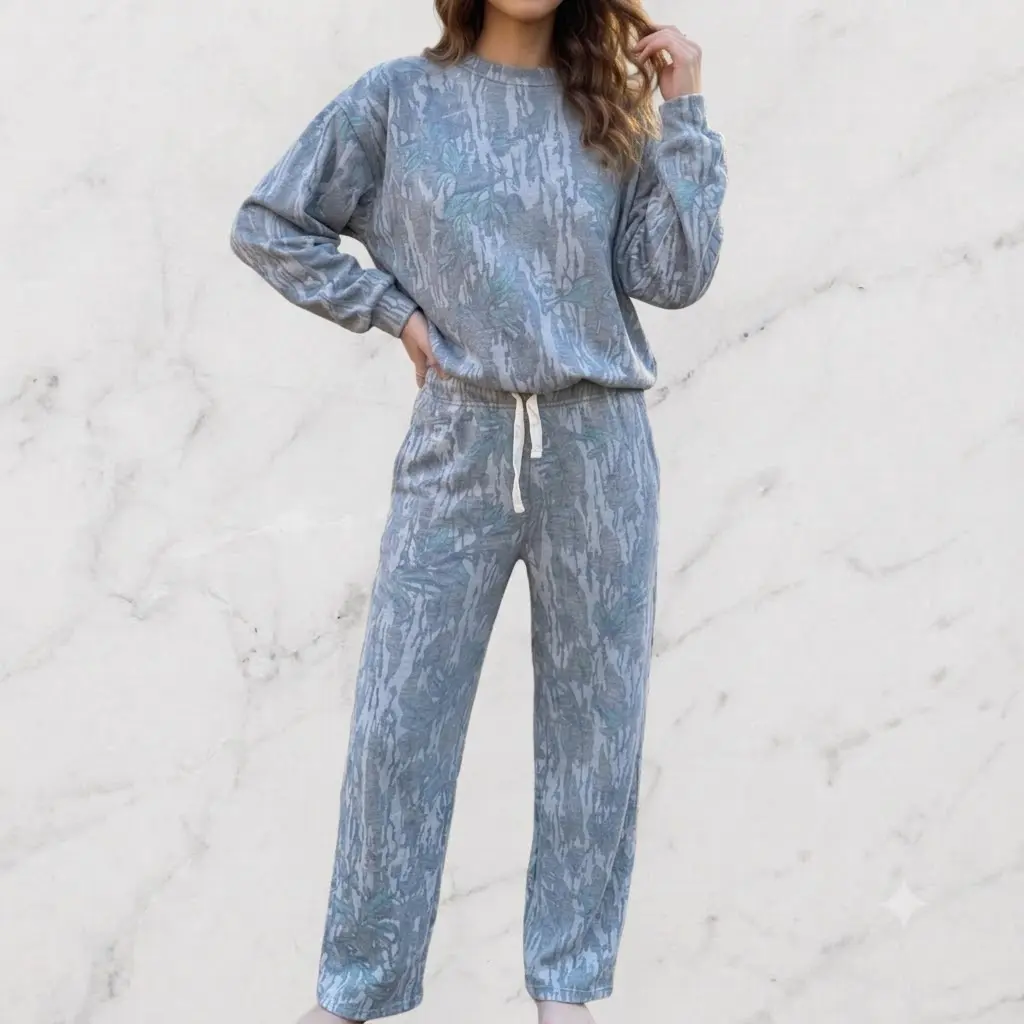 PHEFEE Women's 2-Piece Ribbed Lounge Tracksuit - Long Sleeve Round Neck Sweatshirt, High Waist Adjustable Sweatpants, Plant Leaf Accent Nightwear for Casual Wear, Day