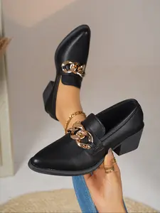 Noir Chain High Heel Moccasin Shoes, Fashion Pointed Toe Flats for Women, Stylish Comfortable Daily Wear Footwear, Elegant Pointed Toe