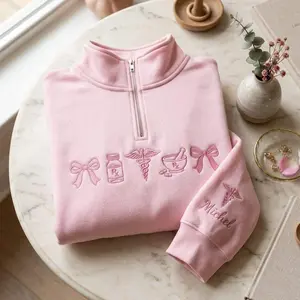 [MADE IN US] (Tone On Tone) Embroidered Coquette Pharmacy Quarter Zip Sweatshirt, Personalized Pharmacist Sweatshirt, Pharmacy Pullover, PharmD Student Sweatshirt