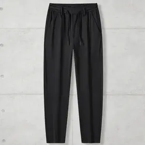 Men’s Black Casual Pants, Elastic Waist, Straight Leg, Quick-Dry, Drawstring