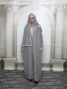 Women's Ditsy Floral Print Contrast Lace Zipper Long Sleeve Arabian Dress with Hijab, Elegant Drop Shoulder Long Dress for Muslim, Ladies Islamic Clothing for All Seasons
