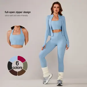 TimeOFF Women's 3-Piece Activewear Set with Stretchy, Body-Hugging Crop Top, Leggings & Jacket – Ideal for Yoga, Workouts & Athleisure Styles stylish