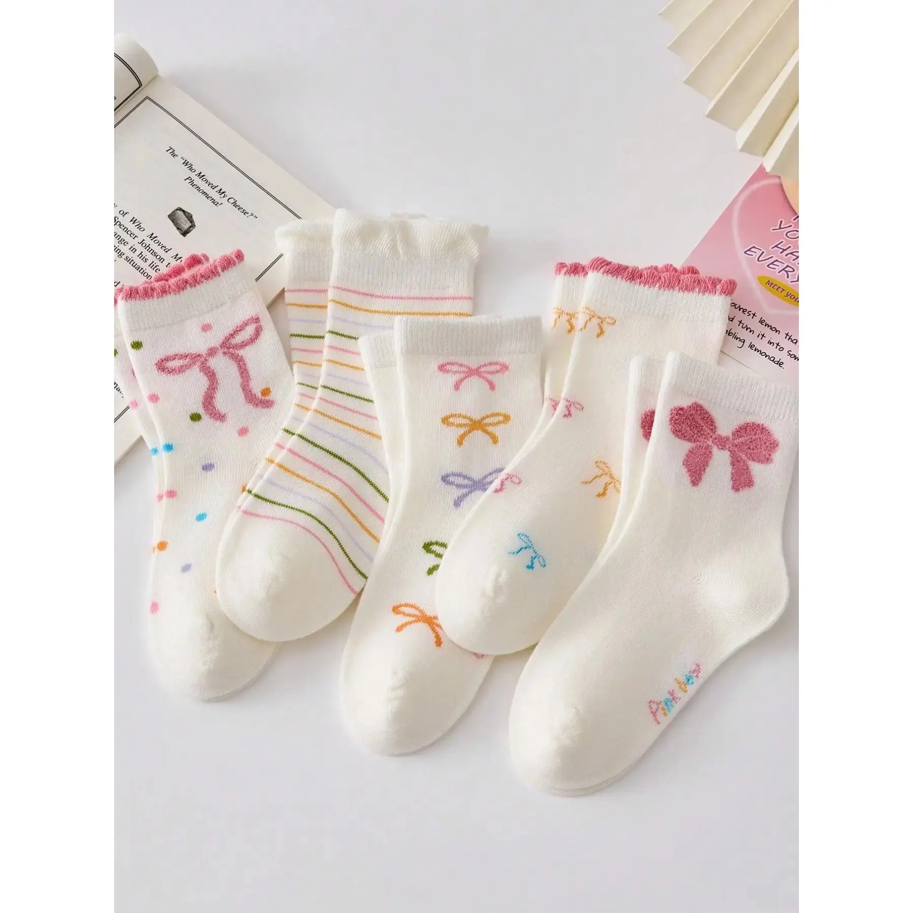5 Pairs Girls' Mid-Calf Socks, Princess Style with Floral Ruffle Trim and Bows, Soft & Comfortable for All Seasons, Cute, All-Day Wear, Everyday Wear, Casual Wear, Princess Look
